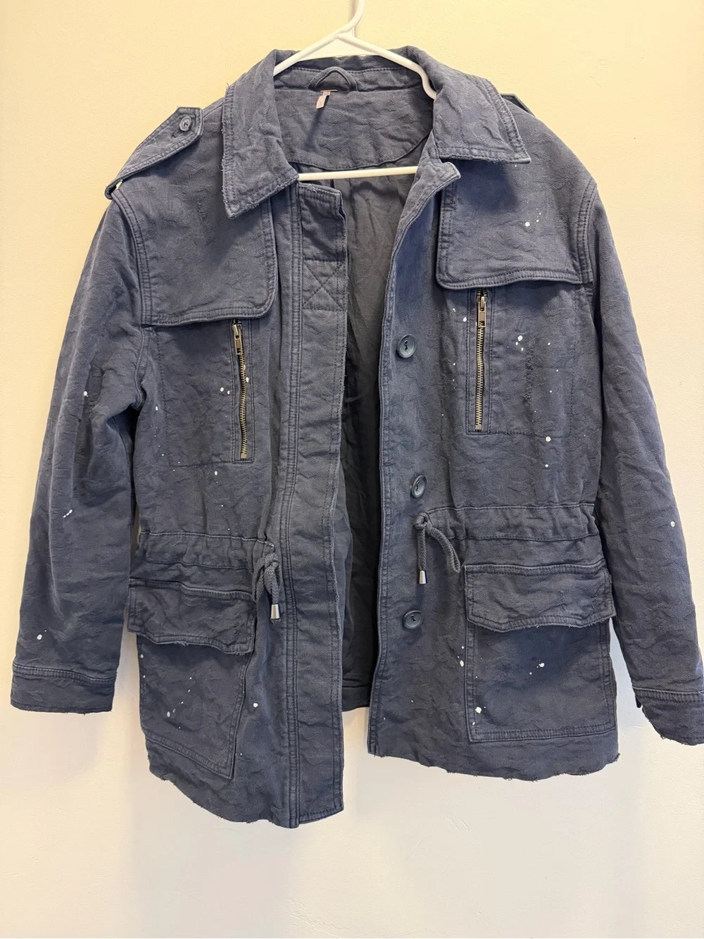 Free People Navy Blue Utility Military Jacket with Cargo Drawstring Small